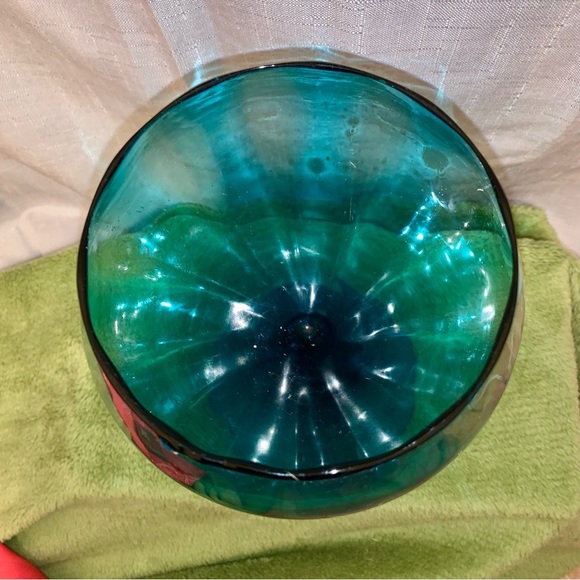 Vintage 12" EMPOLI Italian BLUE Turquoise Art GLASS Compote VASE Mid-Century - Picture 6 of 9